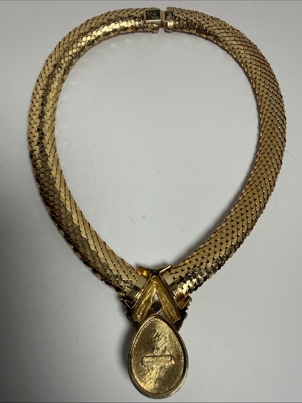 Whiting & Davis Gold Tone Mesh Necklace with Pearl Drop - Picture 6 of 6